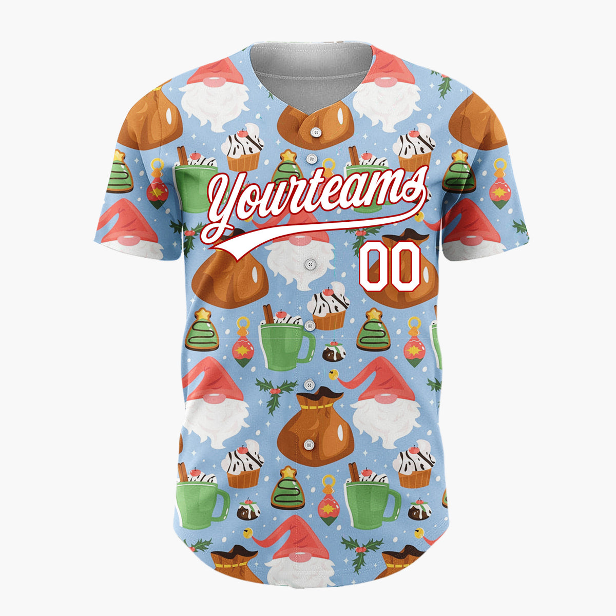Custom Blue Gnomes Sweets Cheerful Holiday Pattern Christmas Baseball Jersey
