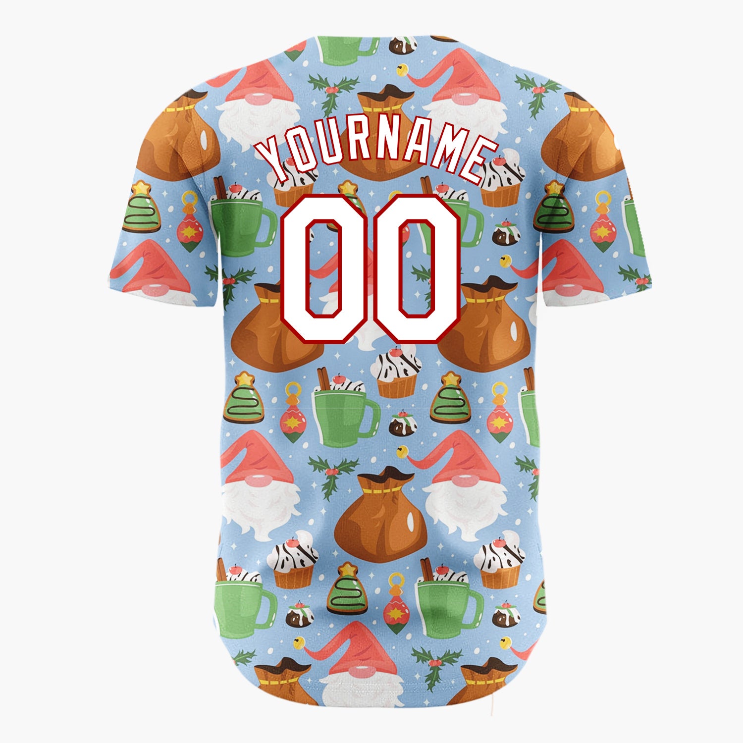 Custom Blue Gnomes Sweets Cheerful Holiday Pattern Christmas Baseball Jersey
