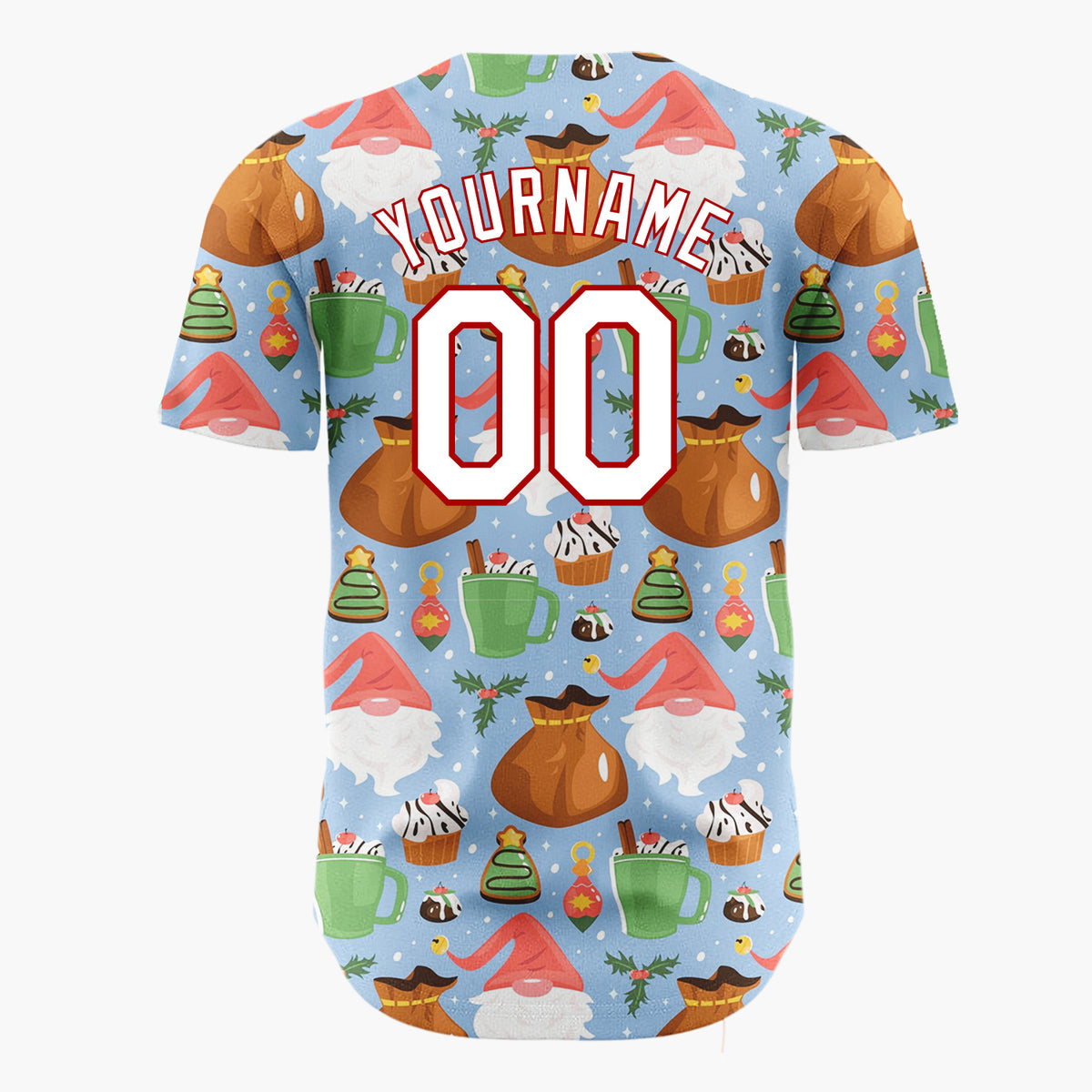 Custom Blue Gnomes Sweets Cheerful Holiday Pattern Christmas Baseball Jersey