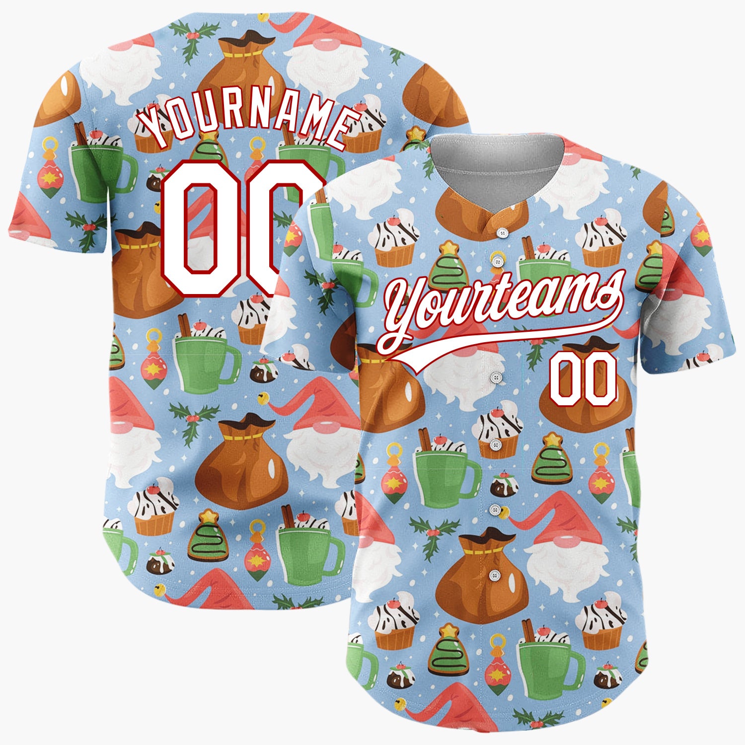 Custom Blue Gnomes Sweets Cheerful Holiday Pattern Christmas Baseball Jersey