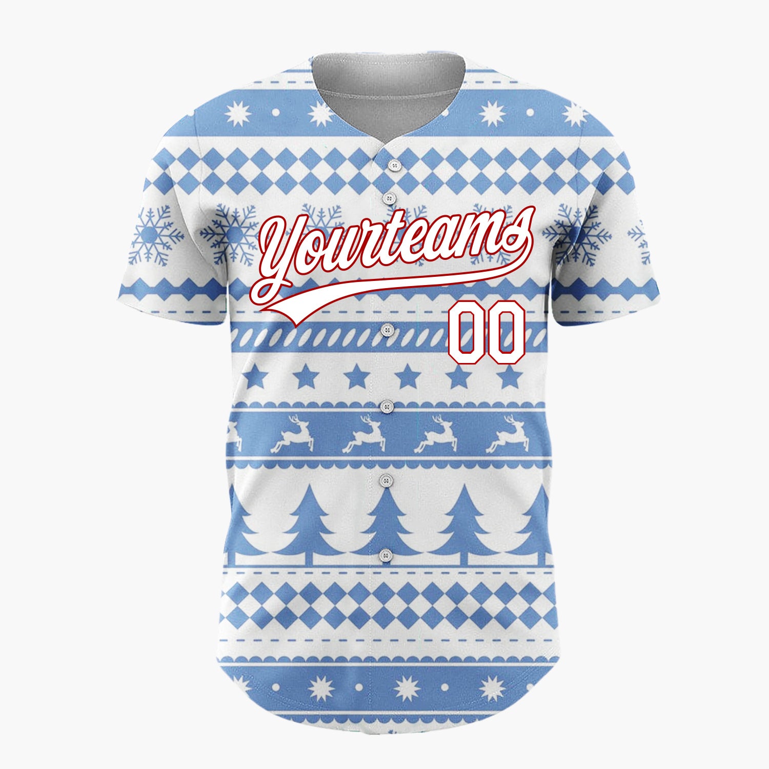 Custom Blue White Reindeer Trees And Snowflakes Scandinavian Fair Isle Christmas Baseball Jersey