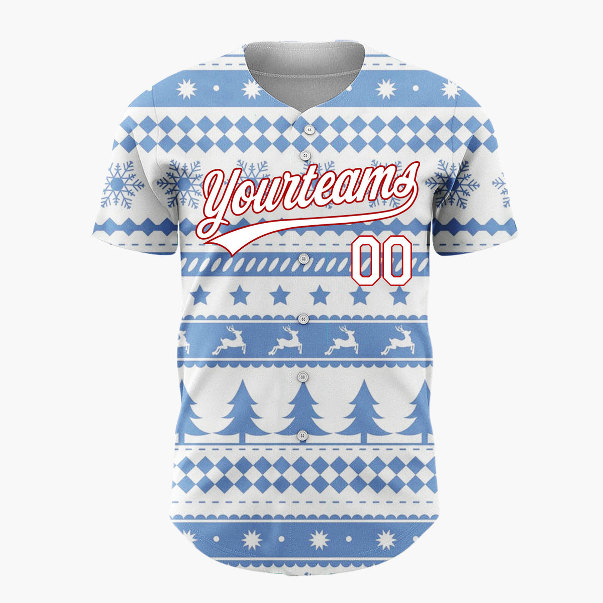 Custom Blue White Reindeer Trees And Snowflakes Scandinavian Fair Isle Christmas Baseball Jersey