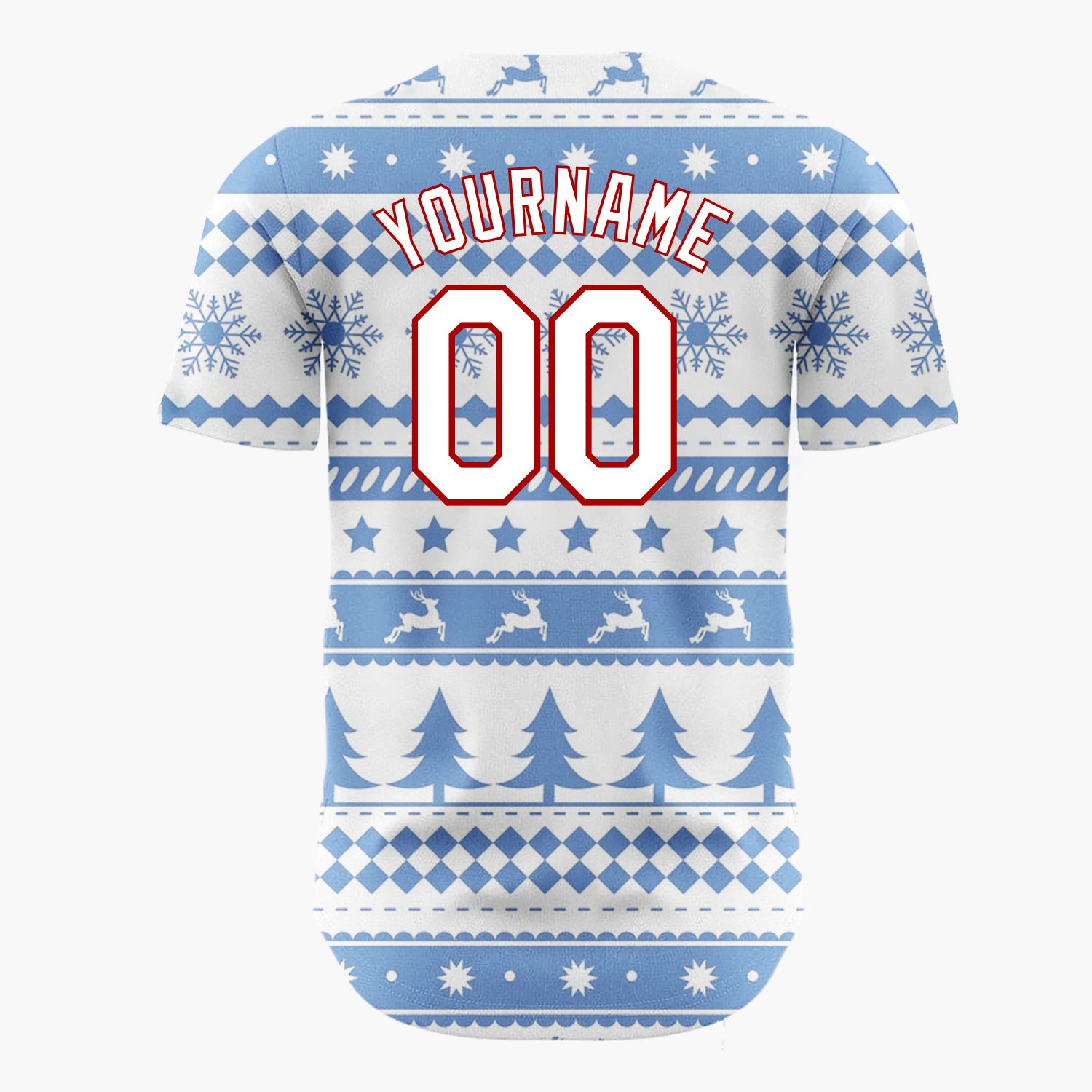 Custom Blue White Reindeer Trees And Snowflakes Scandinavian Fair Isle Christmas Baseball Jersey