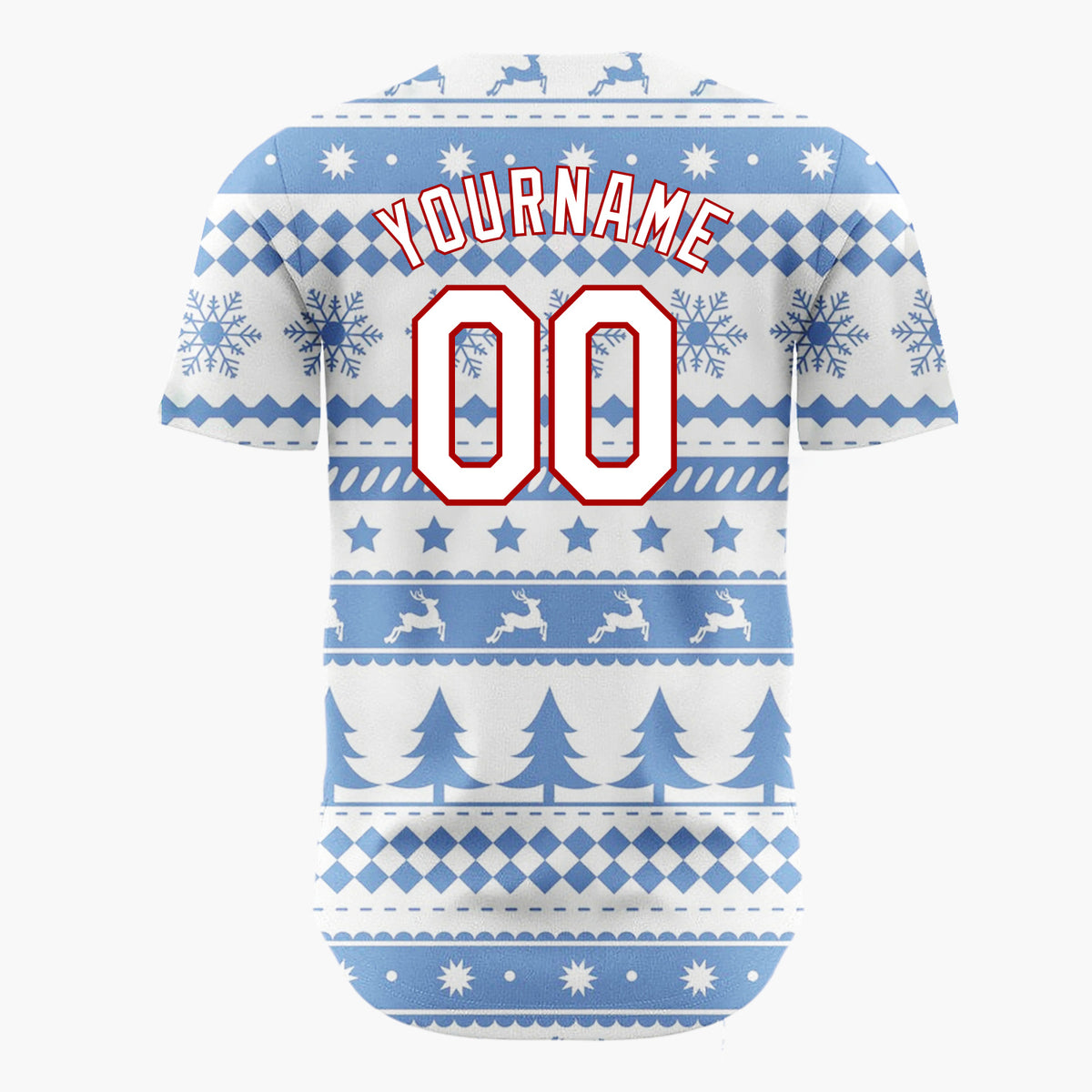 Custom Blue White Reindeer Trees And Snowflakes Scandinavian Fair Isle Christmas Baseball Jersey
