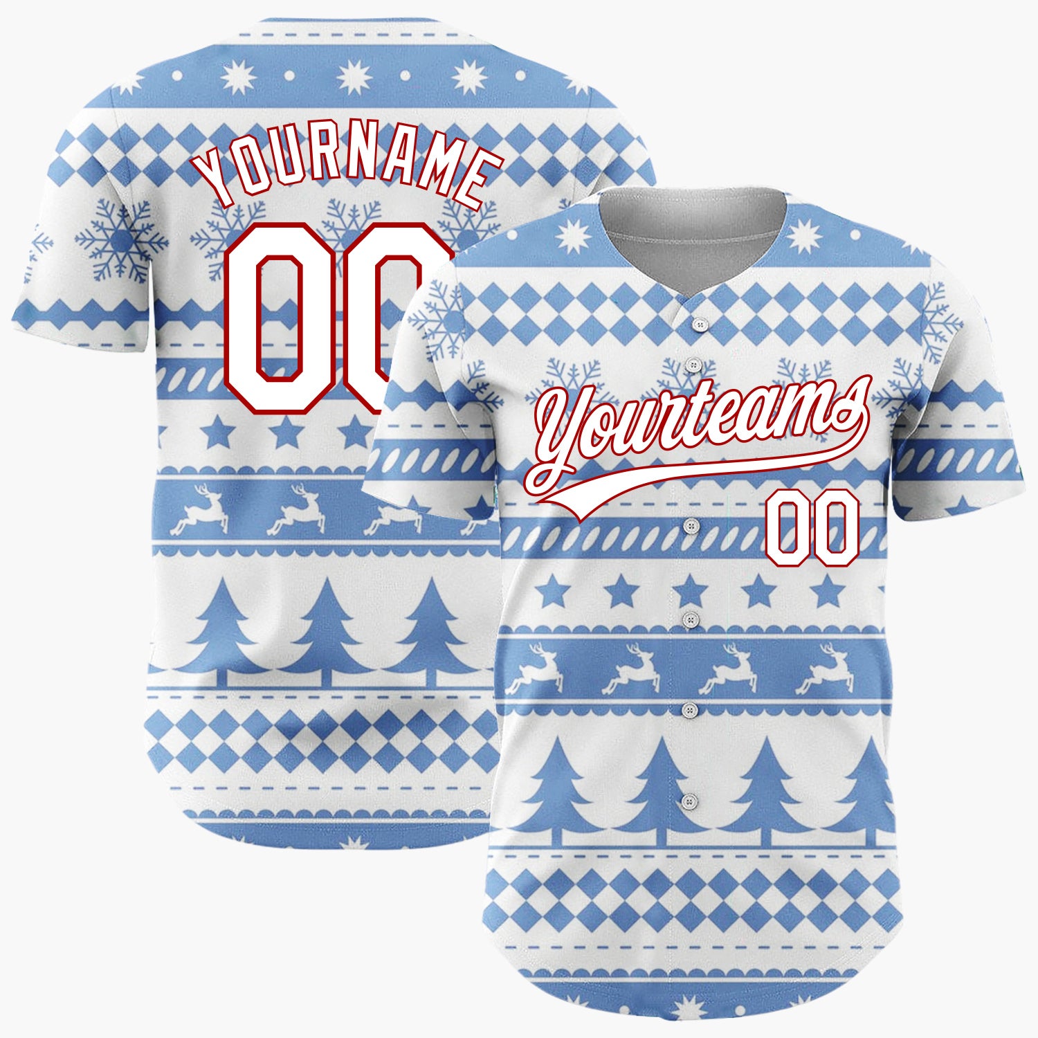 Custom Blue White Reindeer Trees And Snowflakes Scandinavian Fair Isle Christmas Baseball Jersey
