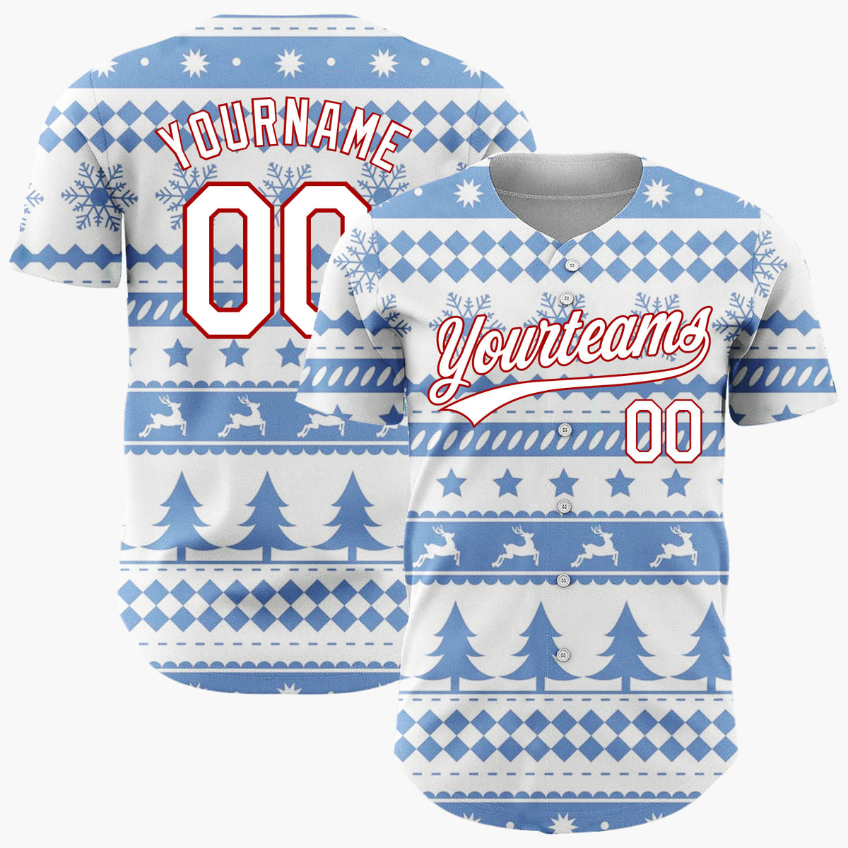 Custom Blue White Reindeer Trees And Snowflakes Scandinavian Fair Isle Christmas Baseball Jersey
