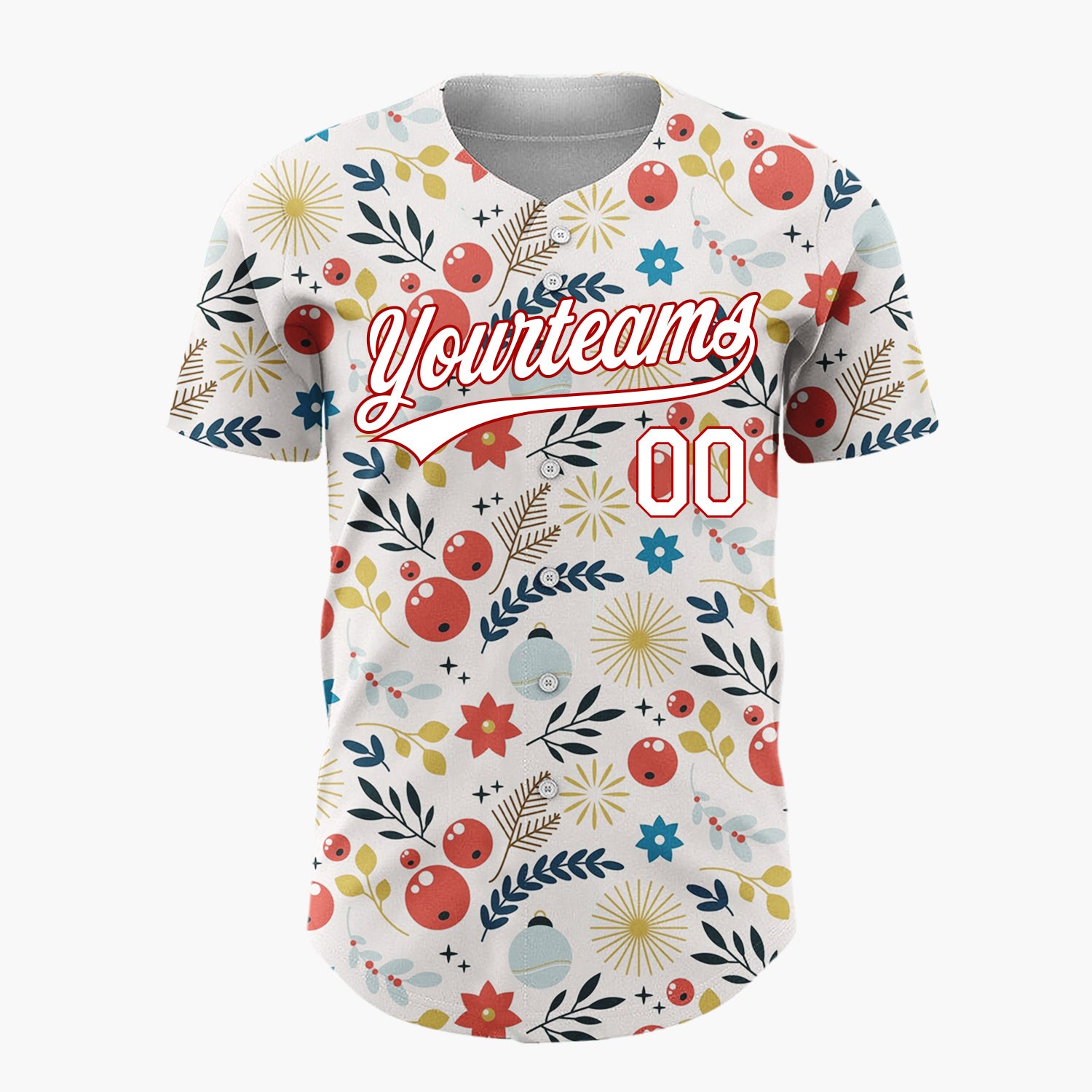 Custom Cream Red Blue Gold Festive Botanical Christmas Baseball Jersey