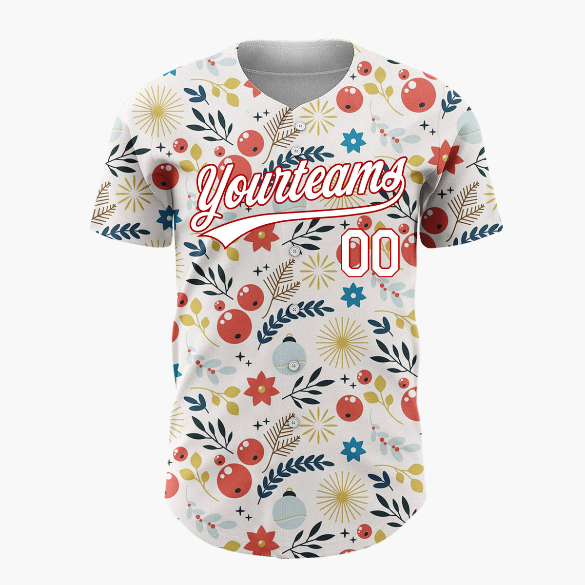 Custom Cream Red Blue Gold Festive Botanical Christmas Baseball Jersey