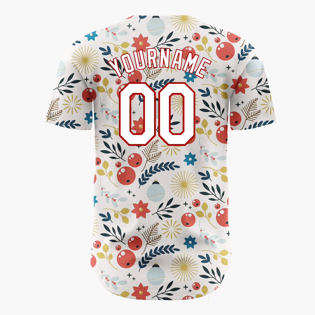 Custom Cream Red Blue Gold Festive Botanical Christmas Baseball Jersey