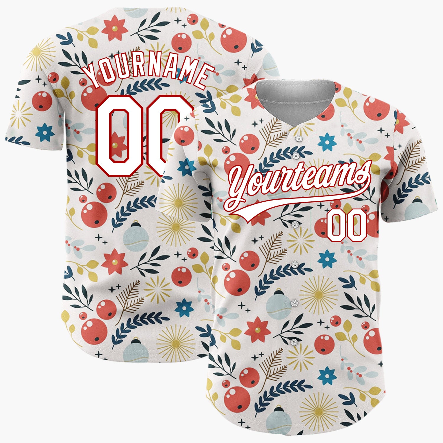Custom Cream Red Blue Gold Festive Botanical Christmas Baseball Jersey