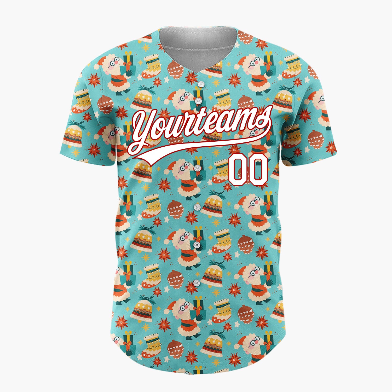 Custom Bright Blue Santa Bells And Snowman Treats Fun Retro Pattern Christmas Baseball Jersey