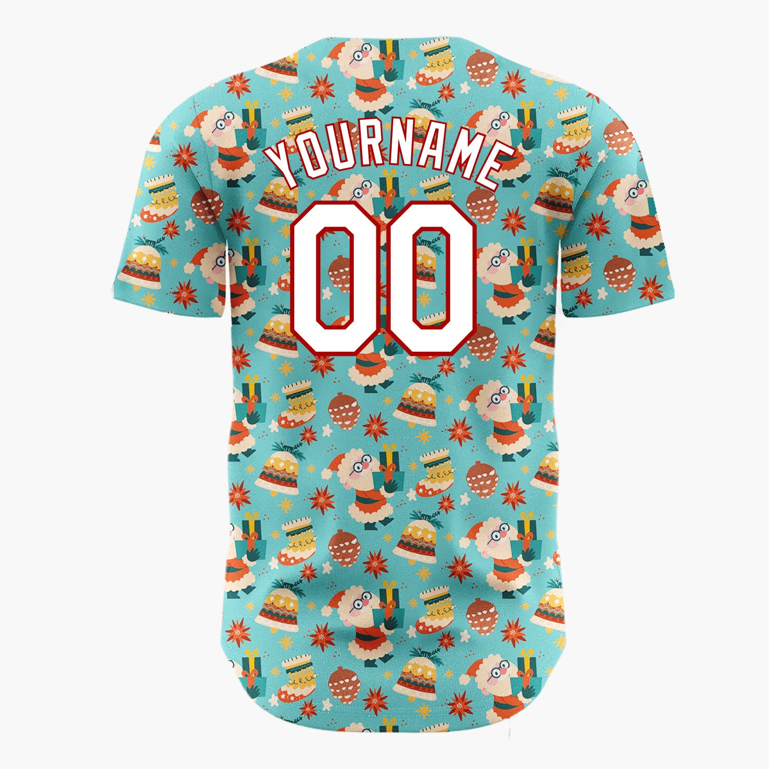 Custom Bright Blue Santa Bells And Snowman Treats Fun Retro Pattern Christmas Baseball Jersey
