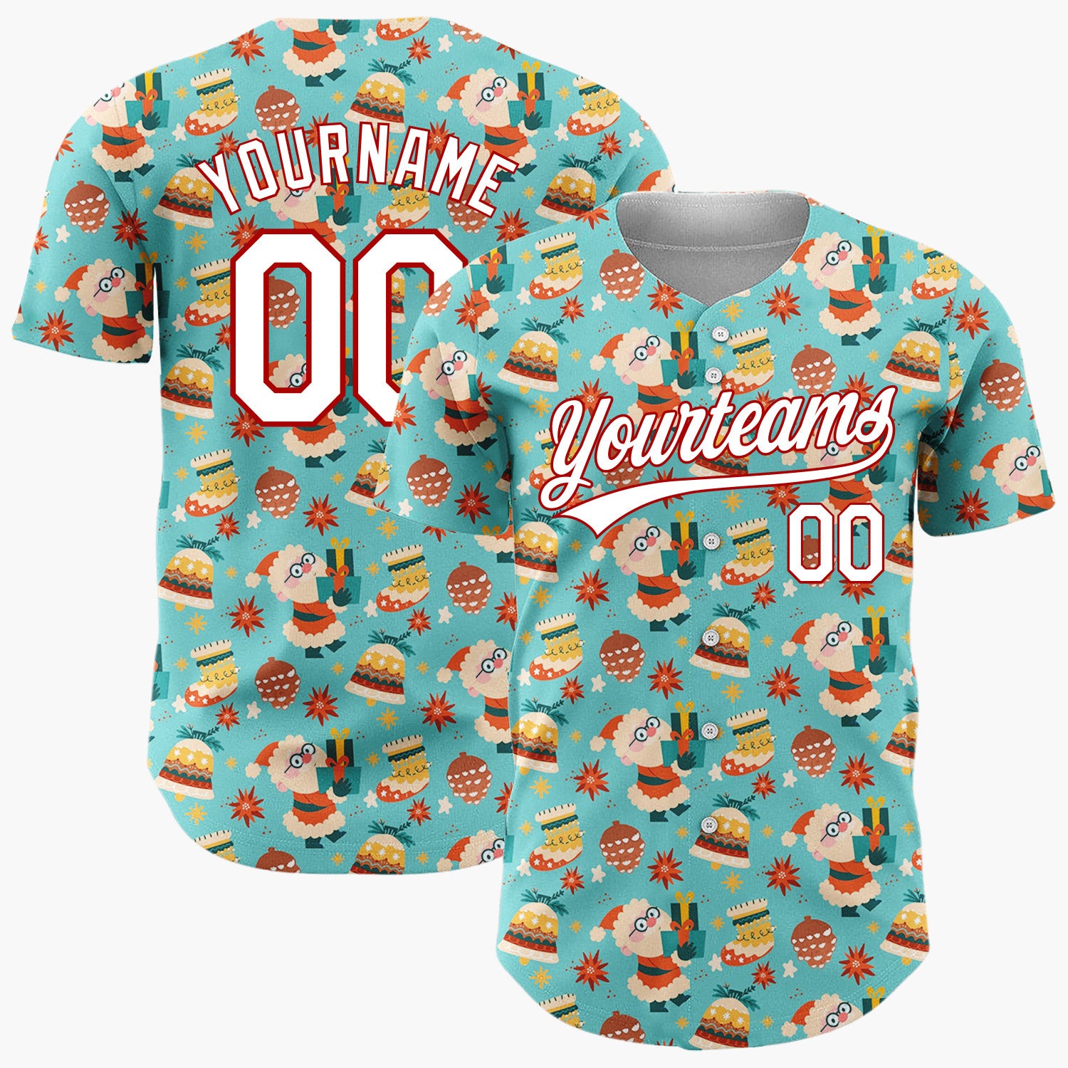 Custom Bright Blue Santa Bells And Snowman Treats Fun Retro Pattern Christmas Baseball Jersey