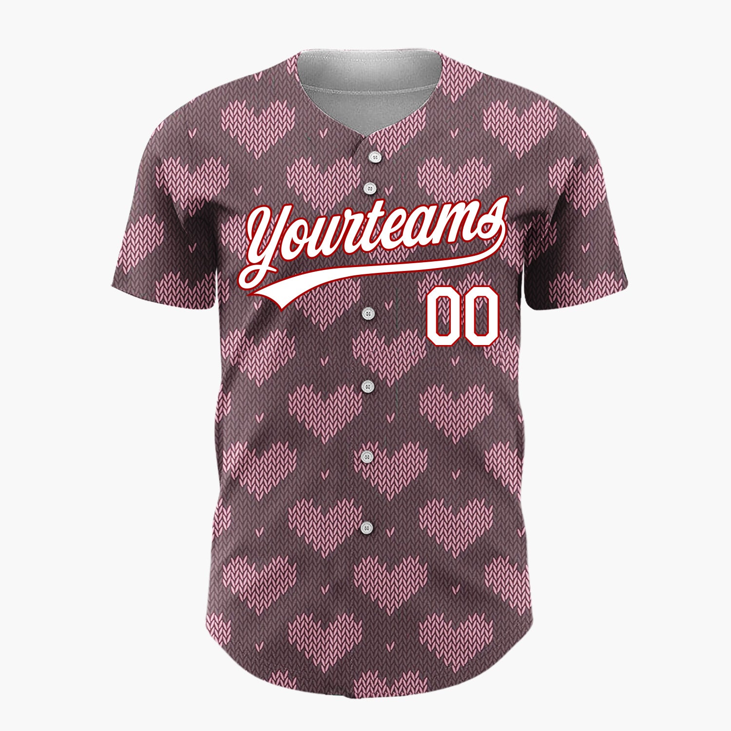 Custom Brown Pink Knit Hearts Nordic Knitted Pattern Christmas Baseball Jersey