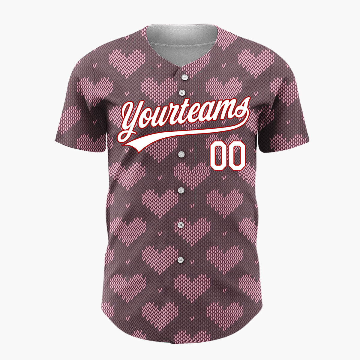 Custom Brown Pink Knit Hearts Nordic Knitted Pattern Christmas Baseball Jersey