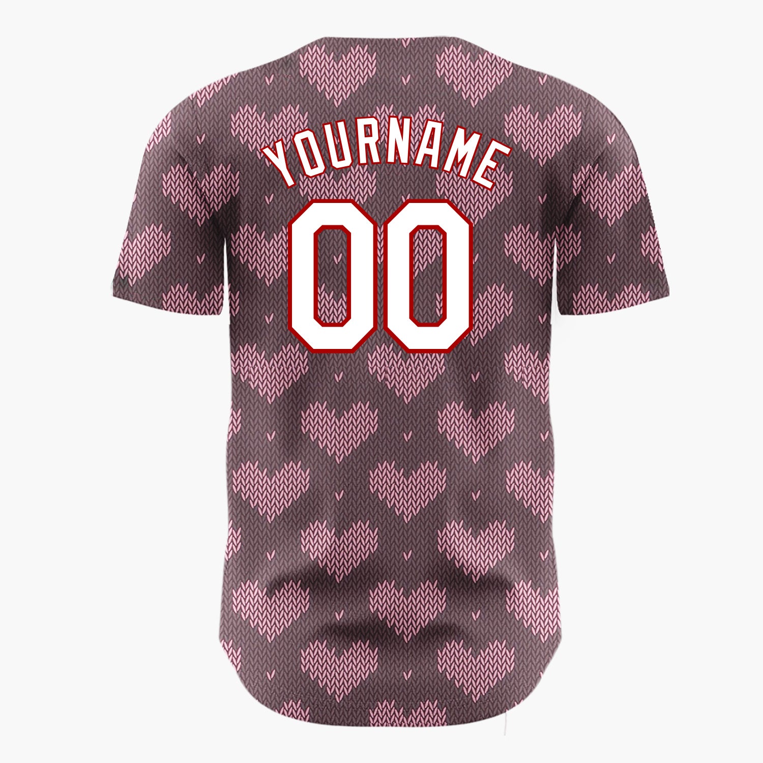 Custom Brown Pink Knit Hearts Nordic Knitted Pattern Christmas Baseball Jersey