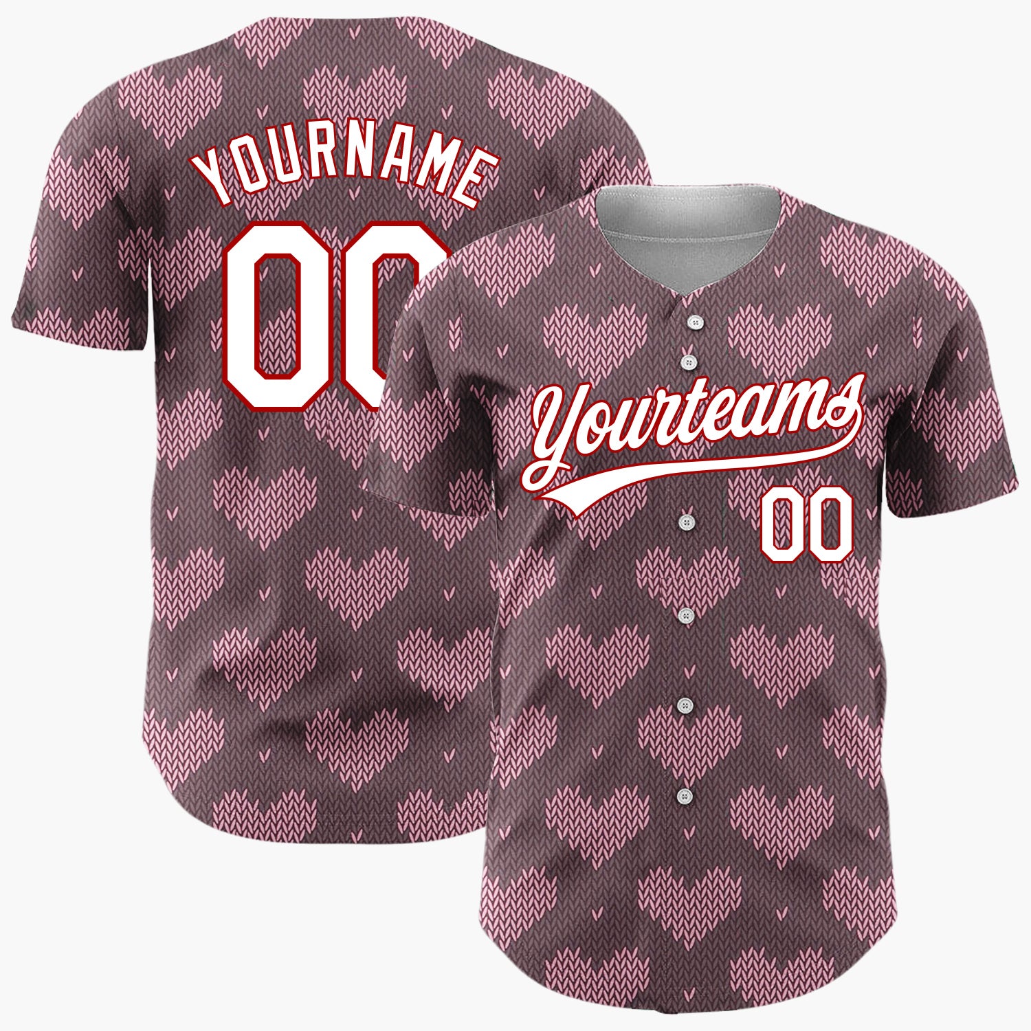 Custom Brown Pink Knit Hearts Nordic Knitted Pattern Christmas Baseball Jersey