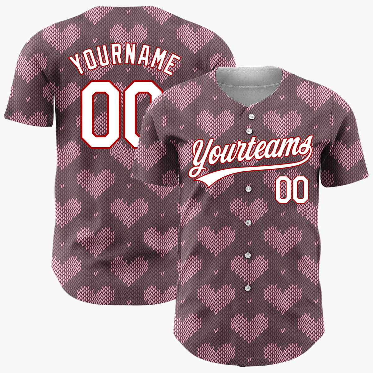 Custom Brown Pink Knit Hearts Nordic Knitted Pattern Christmas Baseball Jersey