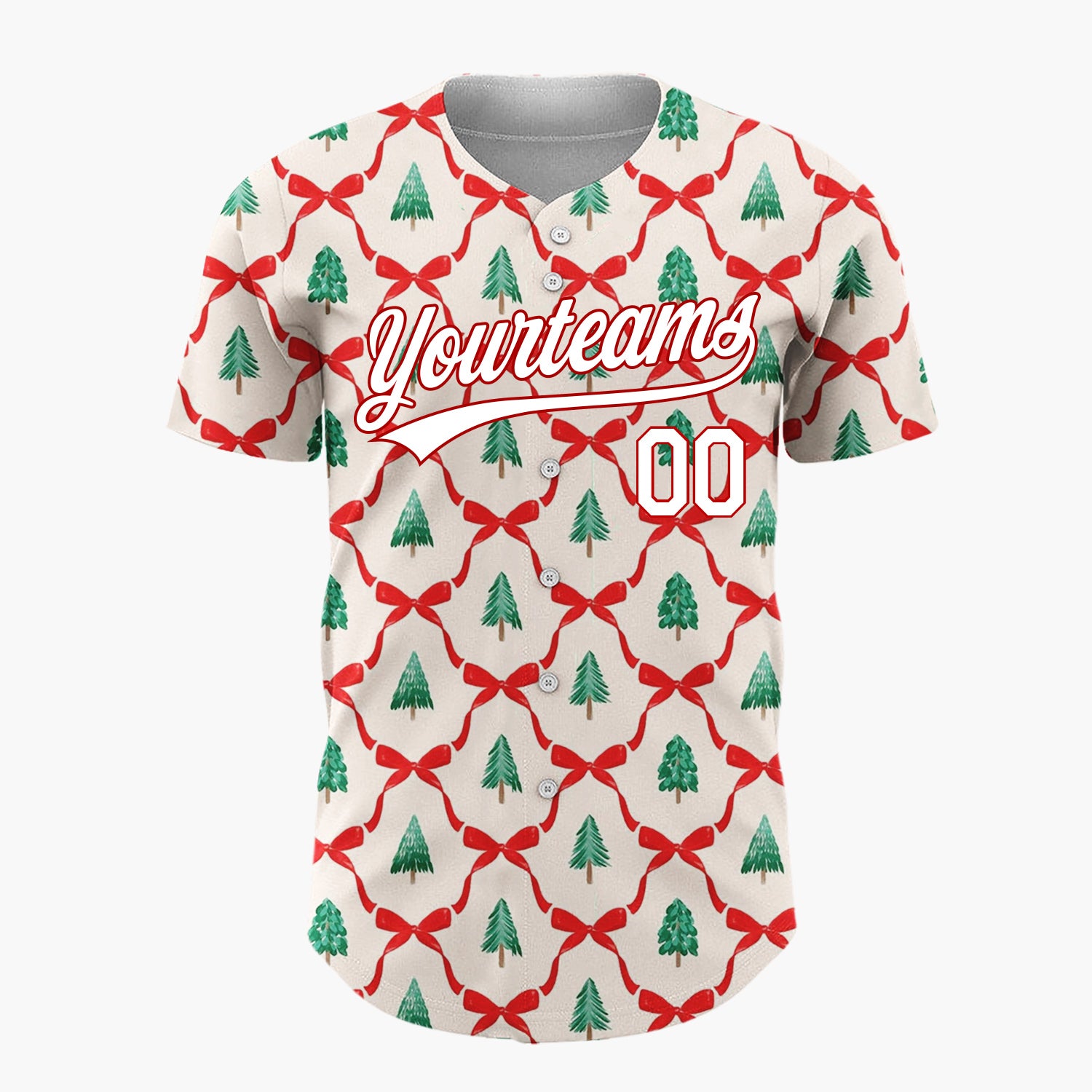 Custom Cream Trellis Ribbons Evergreen Trees Traditional Christmas Baseball Jersey