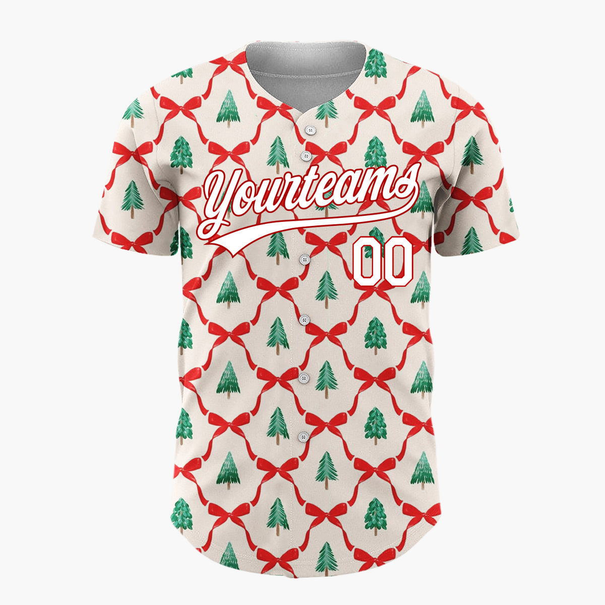 Custom Cream Trellis Ribbons Evergreen Trees Traditional Christmas Baseball Jersey
