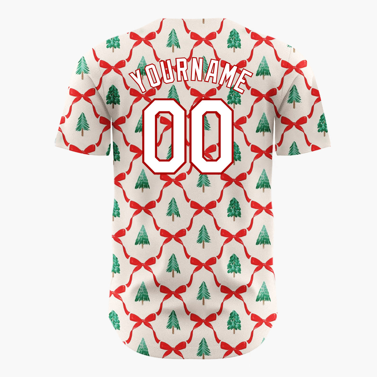Custom Cream Trellis Ribbons Evergreen Trees Traditional Christmas Baseball Jersey