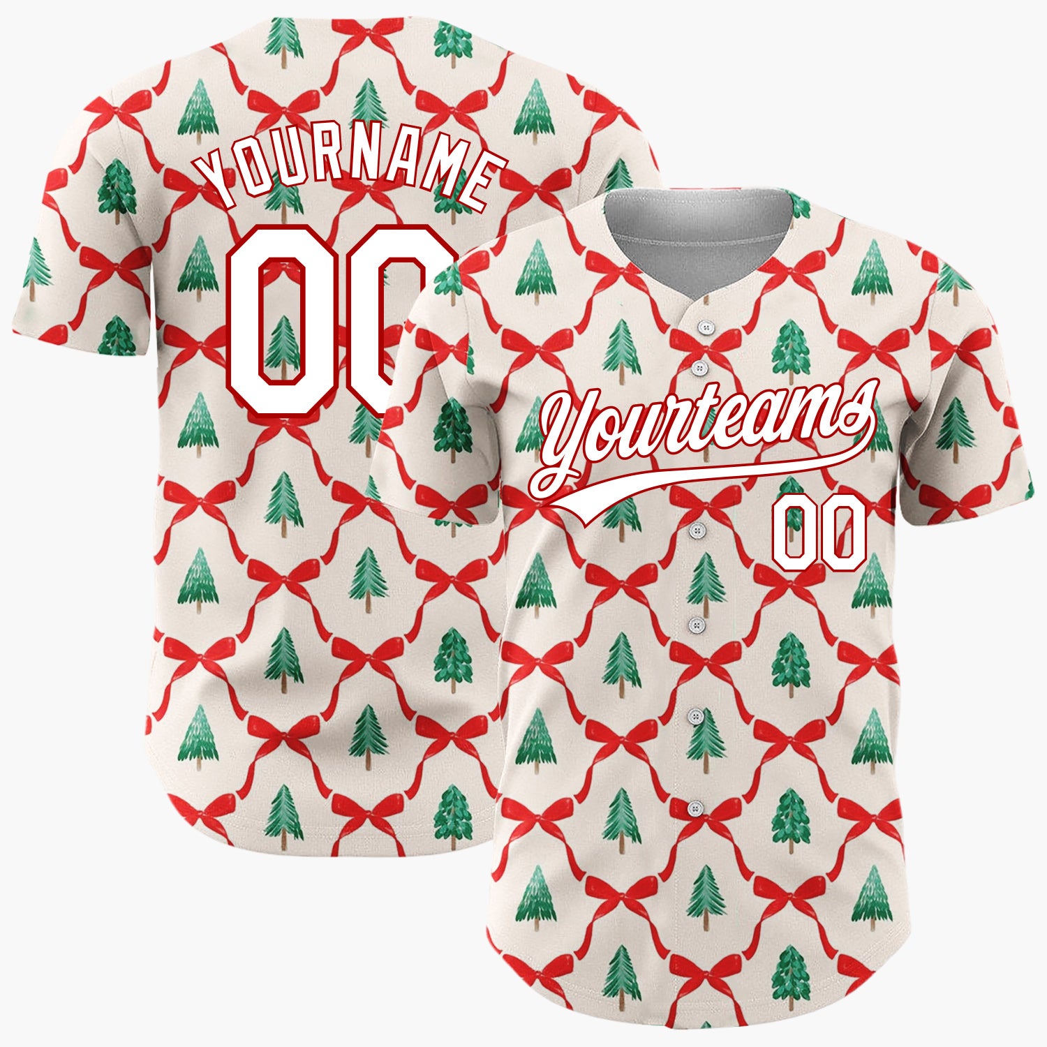 Custom Cream Trellis Ribbons Evergreen Trees Traditional Christmas Baseball Jersey