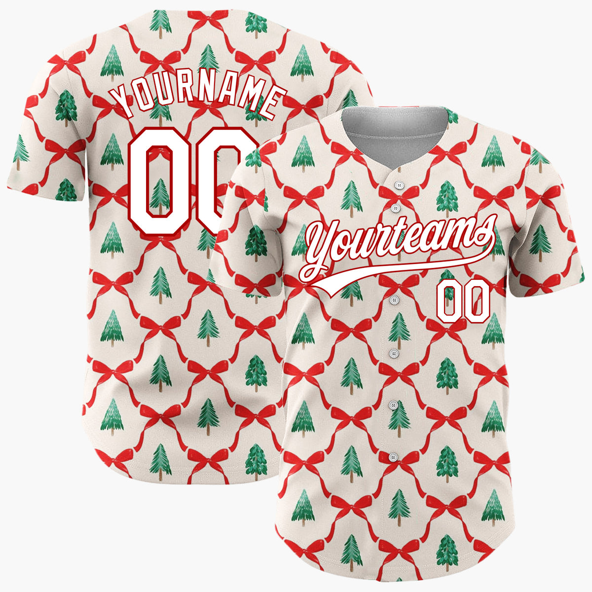 Custom Cream Trellis Ribbons Evergreen Trees Traditional Christmas Baseball Jersey