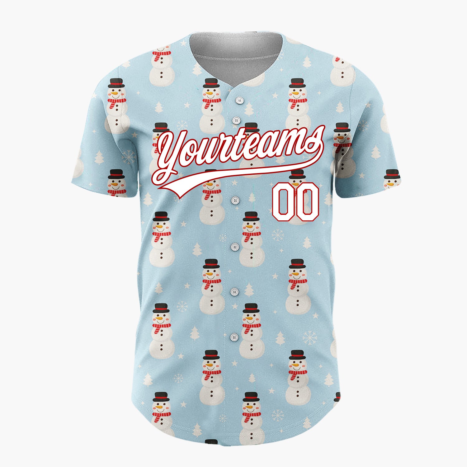 Custom Blue White Snowmen And Trees Simple Cartoon Pattern Christmas Baseball Jersey