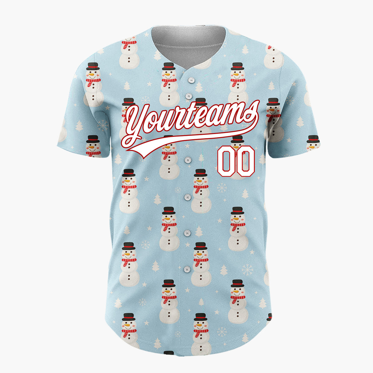 Custom Blue White Snowmen And Trees Simple Cartoon Pattern Christmas Baseball Jersey