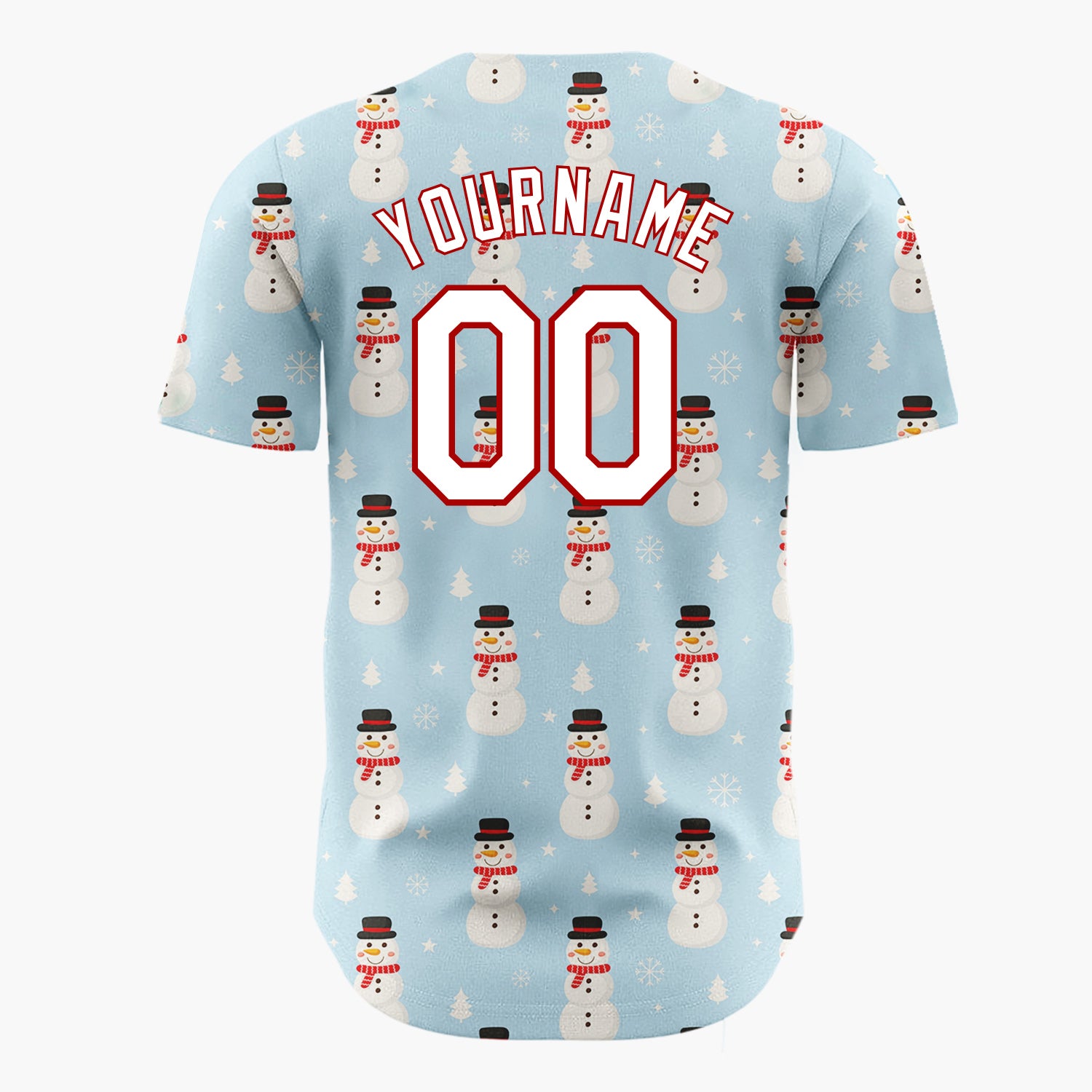 Custom Blue White Snowmen And Trees Simple Cartoon Pattern Christmas Baseball Jersey