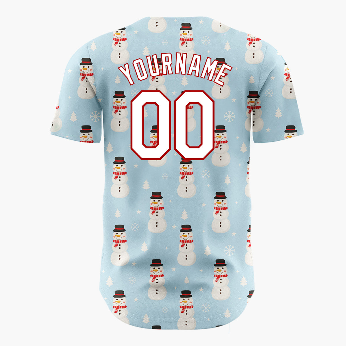 Custom Blue White Snowmen And Trees Simple Cartoon Pattern Christmas Baseball Jersey