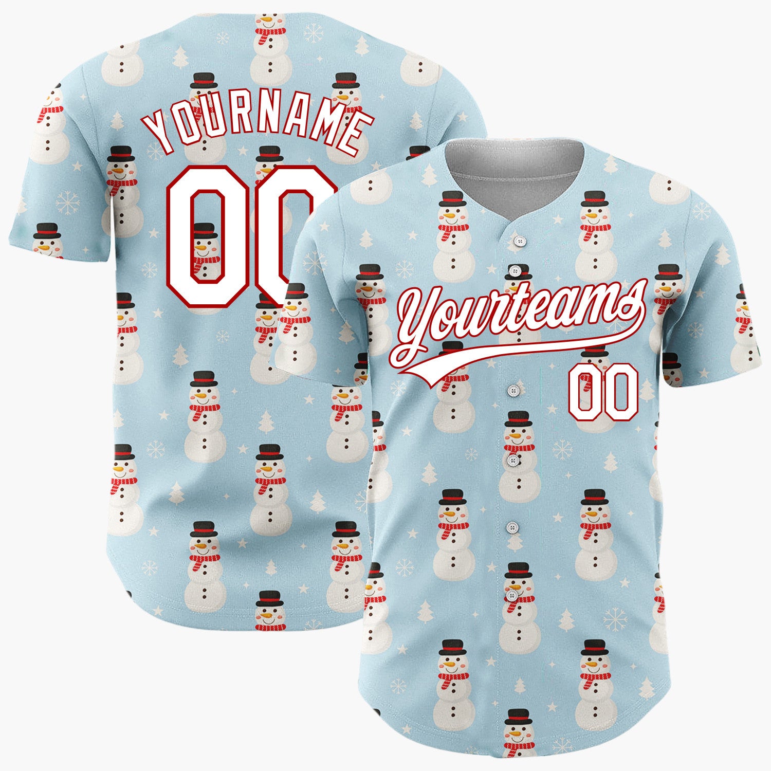 Custom Blue White Snowmen And Trees Simple Cartoon Pattern Christmas Baseball Jersey