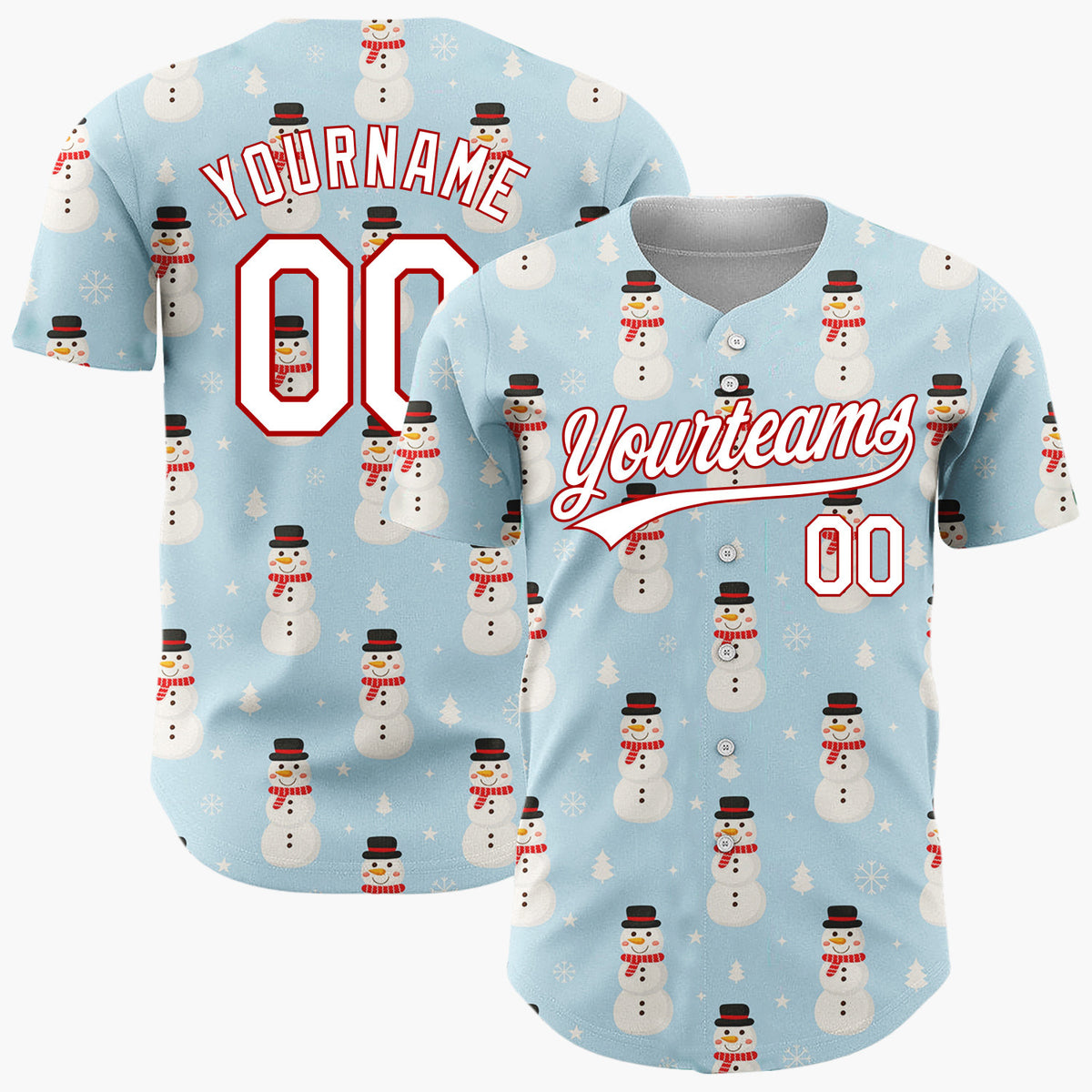 Custom Blue White Snowmen And Trees Simple Cartoon Pattern Christmas Baseball Jersey