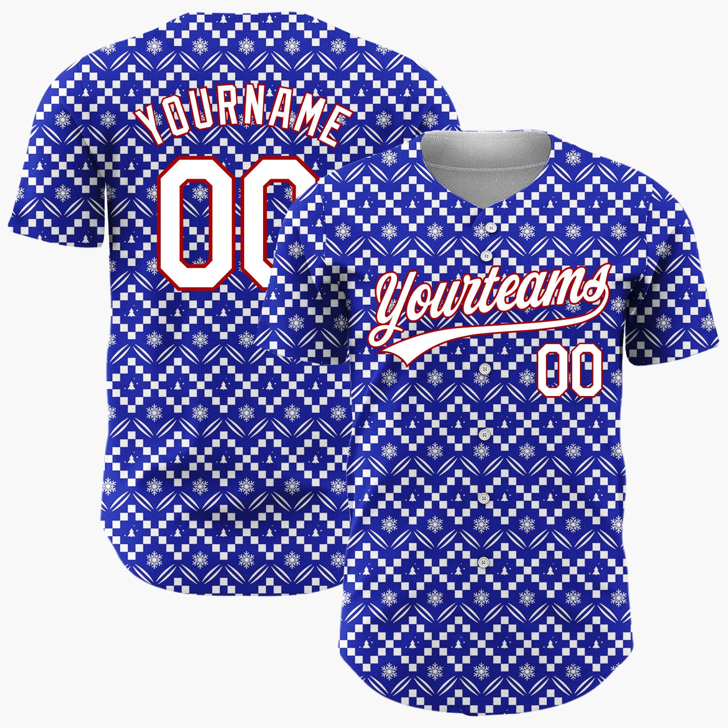 Custom Blue Christmas Trees Geometric Nordic Fair Isle Christmas Baseball Jersey