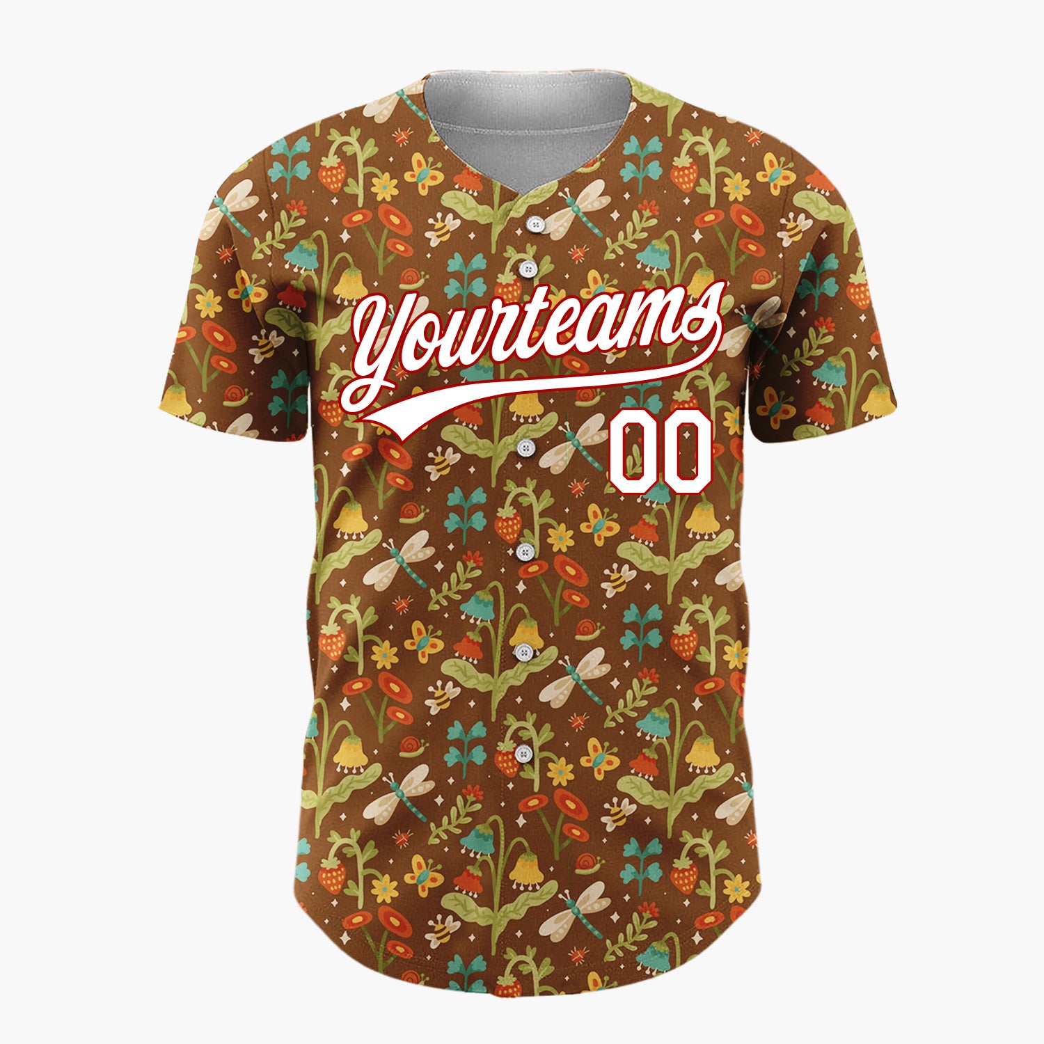 Custom Brown Green Dragonflies Flowers And Strawberries Folk Forest Pattern Christmas Baseball Jersey