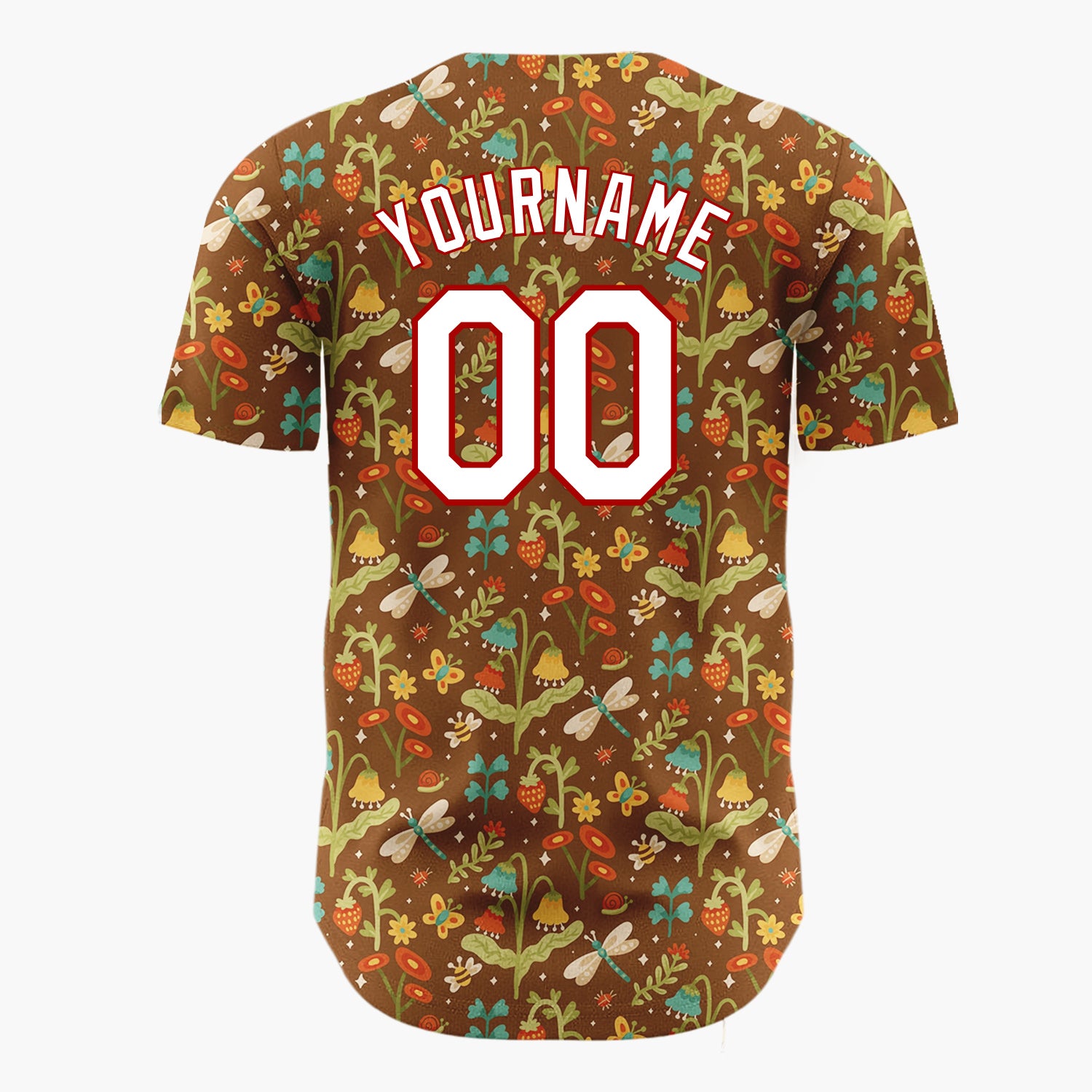 Custom Brown Green Dragonflies Flowers And Strawberries Folk Forest Pattern Christmas Baseball Jersey