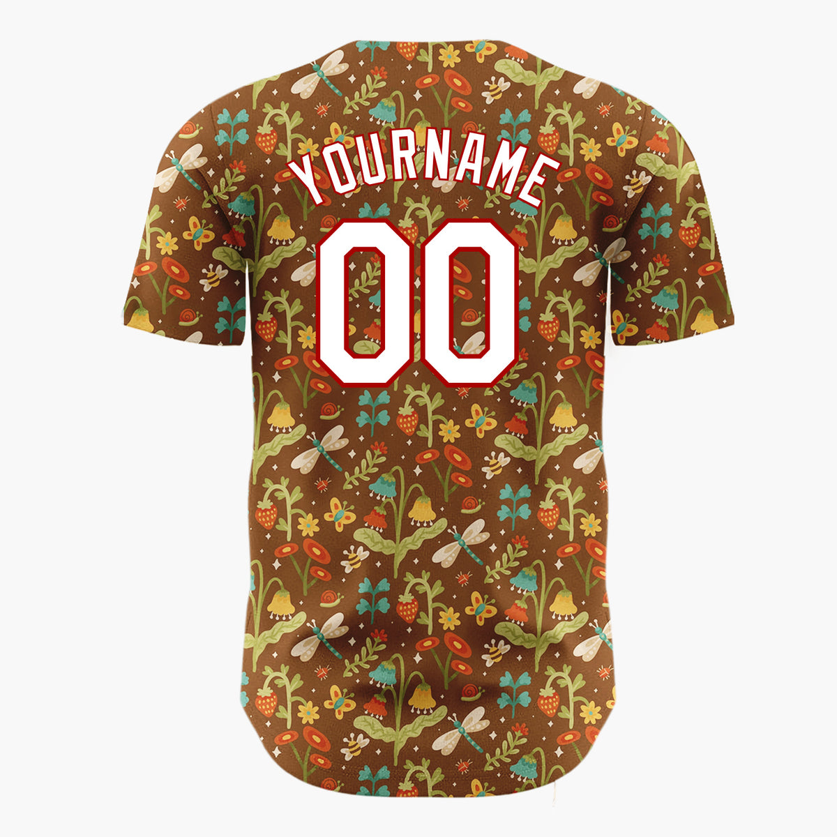 Custom Brown Green Dragonflies Flowers And Strawberries Folk Forest Pattern Christmas Baseball Jersey