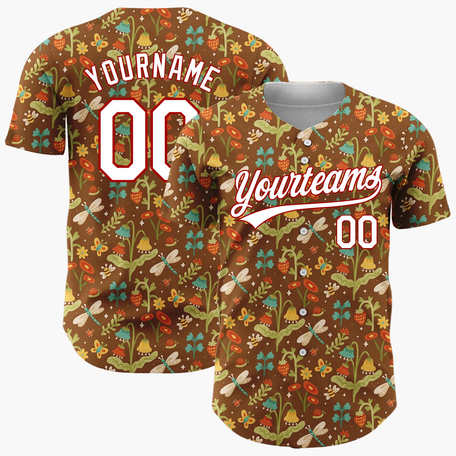 Custom Brown Green Dragonflies Flowers And Strawberries Folk Forest Pattern Christmas Baseball Jersey