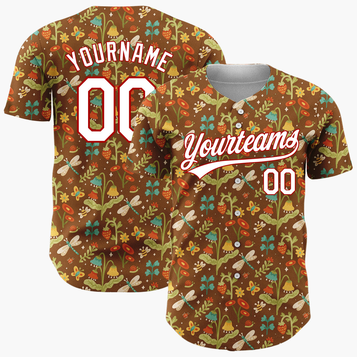 Custom Brown Green Dragonflies Flowers And Strawberries Folk Forest Pattern Christmas Baseball Jersey