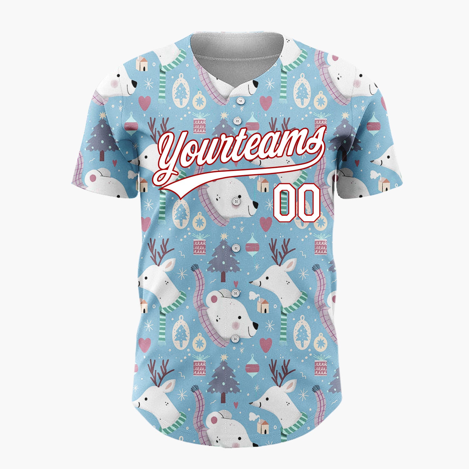 Custom Blue Reindeer Polar Bears Cute Winter Pattern Christmas Baseball Jersey