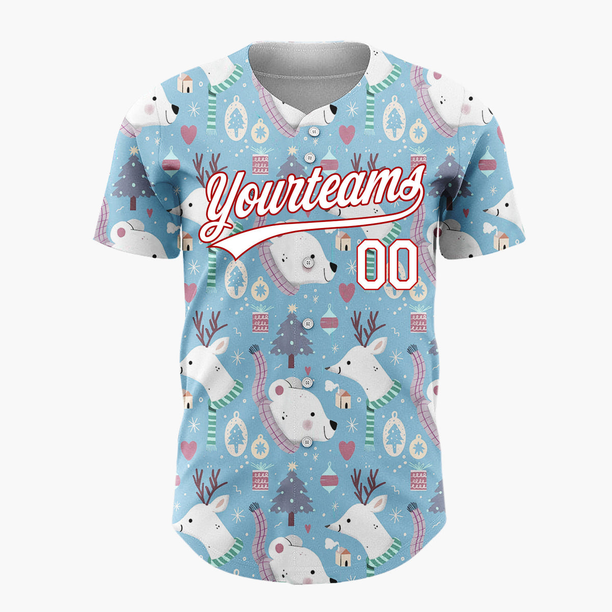Custom Blue Reindeer Polar Bears Cute Winter Pattern Christmas Baseball Jersey