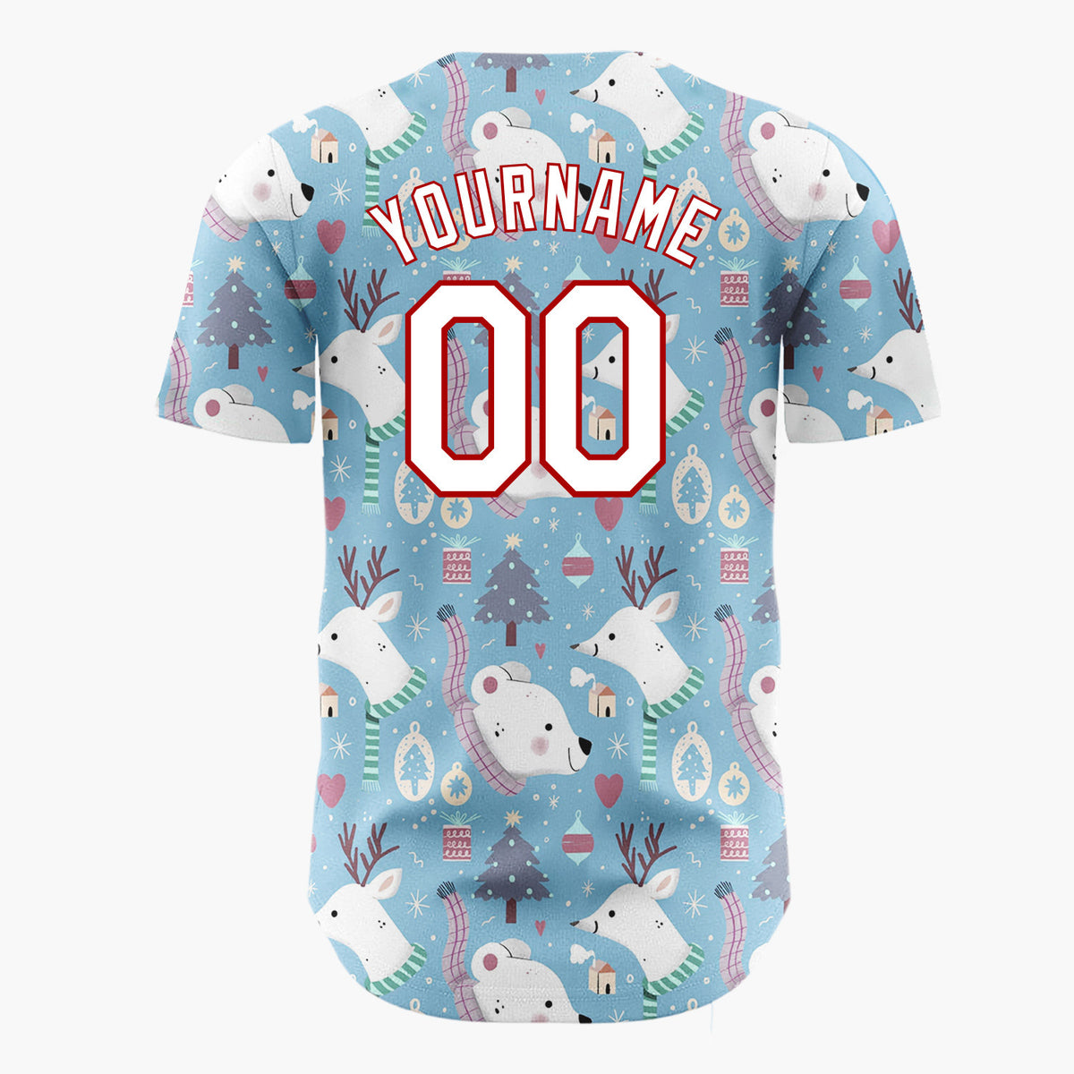Custom Blue Reindeer Polar Bears Cute Winter Pattern Christmas Baseball Jersey