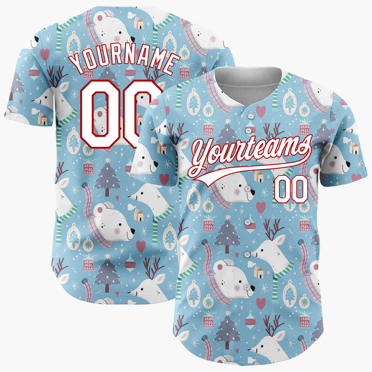 Custom Blue Reindeer Polar Bears Cute Winter Pattern Christmas Baseball Jersey