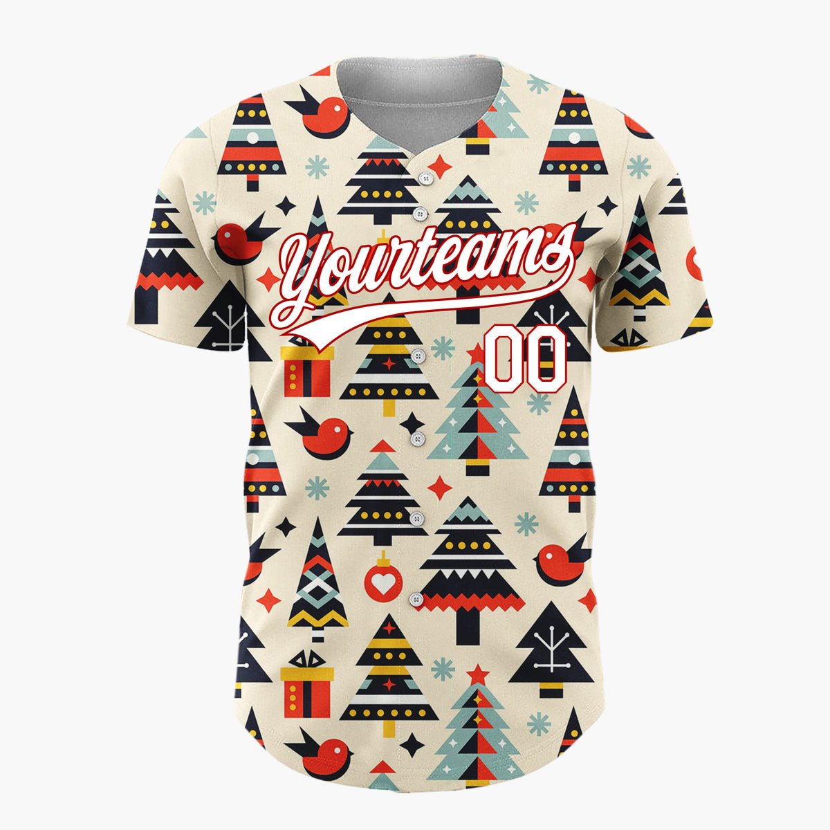Custom Cream Christmas Trees Bird And Gifts Geometric Christmas Baseball Jersey