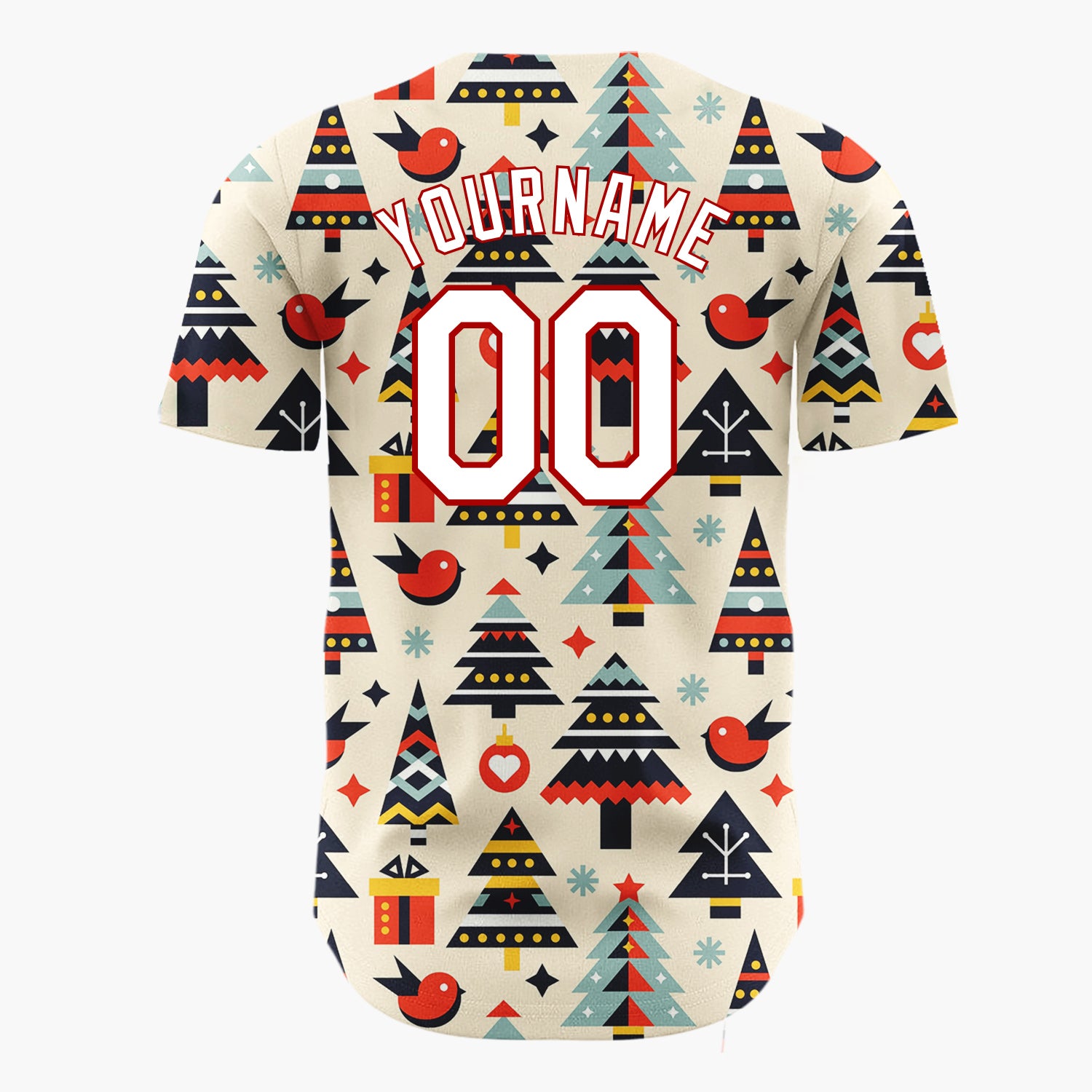 Custom Cream Christmas Trees Bird And Gifts Geometric Christmas Baseball Jersey