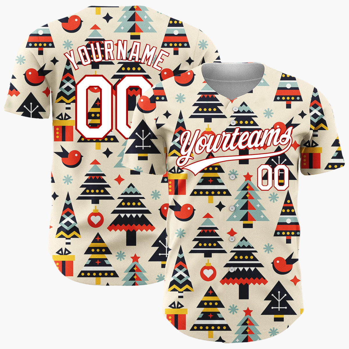Custom Cream Christmas Trees Bird And Gifts Geometric Christmas Baseball Jersey