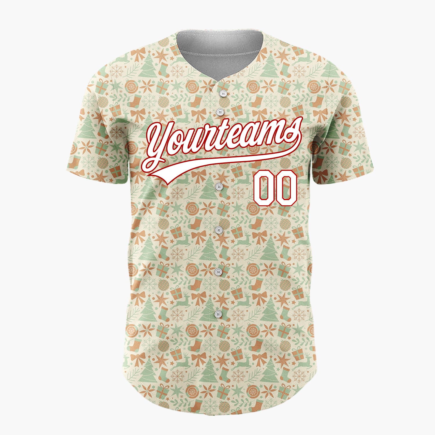 Custom Cream Green Brown Trees Gifts And Snowflakes Retro Christmas Baseball Jersey