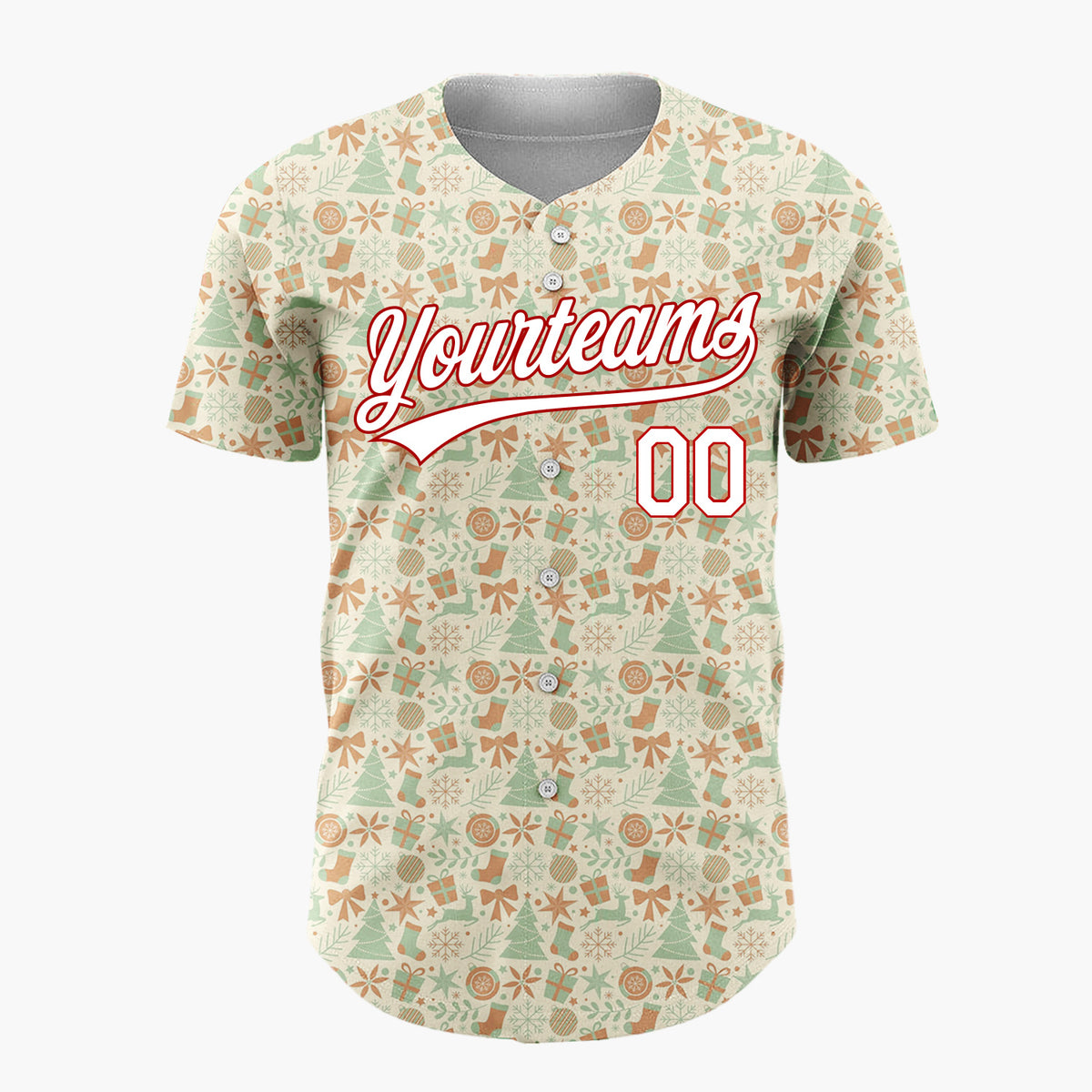 Custom Cream Green Brown Trees Gifts And Snowflakes Retro Christmas Baseball Jersey