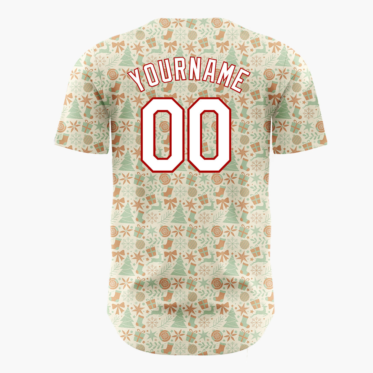 Custom Cream Green Brown Trees Gifts And Snowflakes Retro Christmas Baseball Jersey
