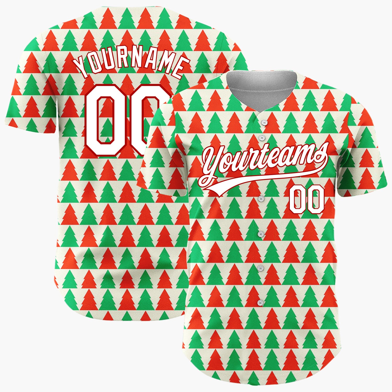 Custom Cream Red Green Christmas Tree Stripes Simple Pattern Christmas Baseball Jersey